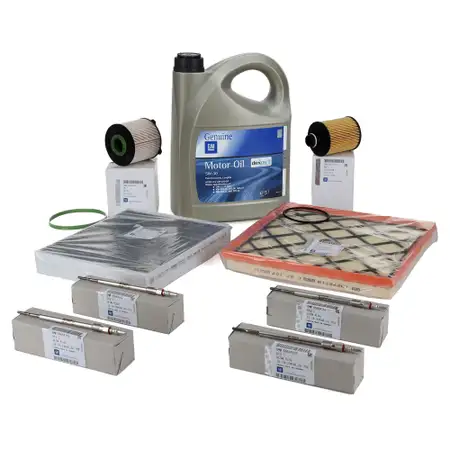 ORIGINAL Opel Filterset + Kraftstofffilter + 4 Gl&uuml;hkerzen 55564162 + 5L 5W30 &Ouml;l