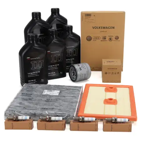 ORIGINAL AUDI filter set + 4x spark plugs + 5L 0W30 engine oil A3 (8V) Q2 (GA) 1.4 TFSI