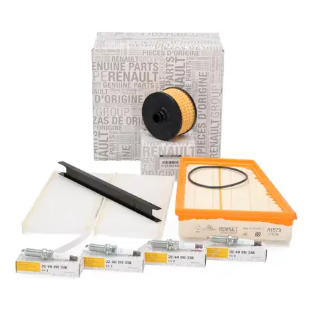 ORIGINAL Renault filter set, 3 pieces + 4x spark plugs Grand / Kangoo 2 / Rapid 1.2 TCe 115 hp