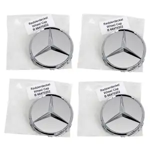 4x ORIGINAL Mercedes Nabendeckel Nabenkappe Felgendeckel Ø 75 mm SILBER 66470202
