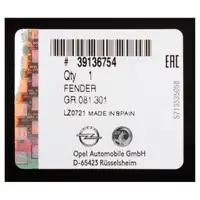 ORIGINAL GM Opel fender Crossland X front right 39136754