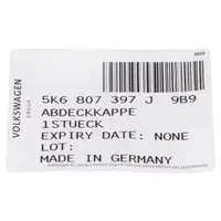 ORIGINAL VW Abdeckung Anhängevorrichtung AHK Golf 6 PR-Nr. 2JX 5K6807397J 9B9