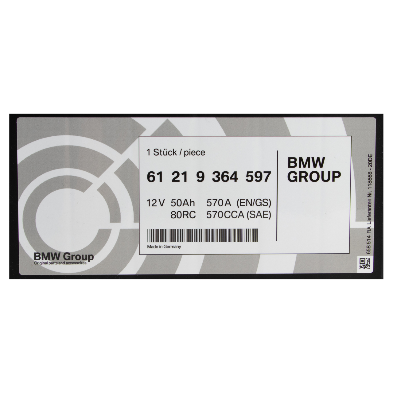 ORIGINAL BMW Autobatterie Batterie Starterbatterie 12V 50Ah 570A 61219364597
