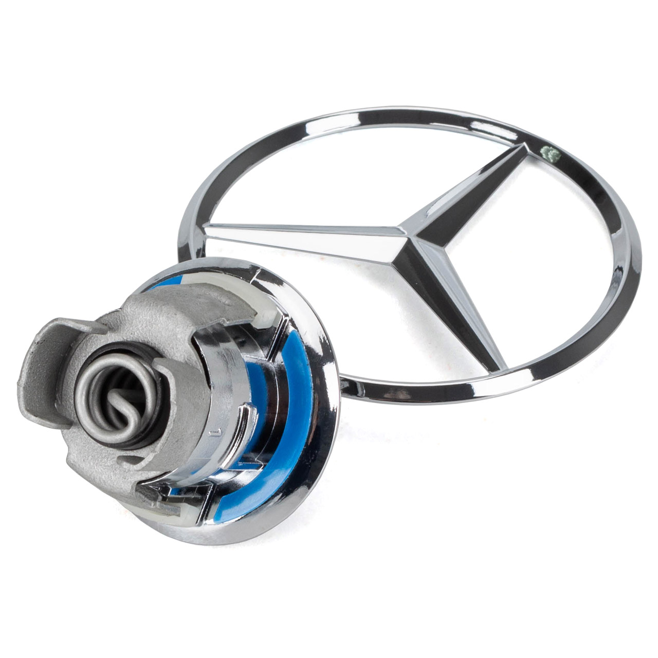 Mercedes-Benz-Emblem auf der Motorhaube eines blauen Autos Stockfotografie  - Alamy