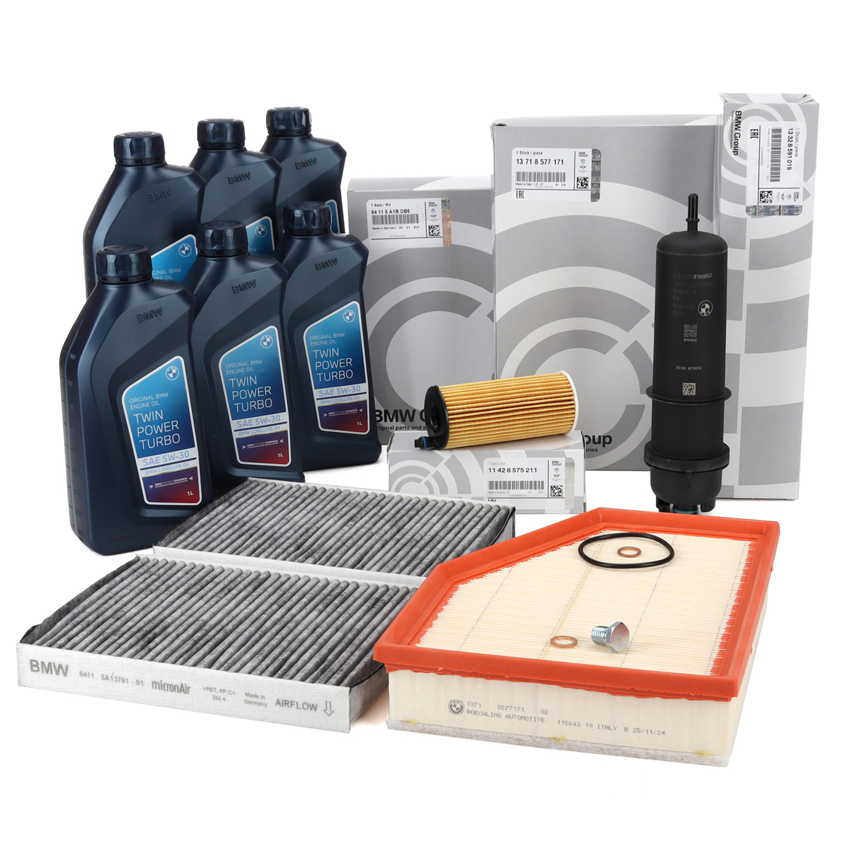 ORIGINAL BMW filter set, 4 pieces + 6L 5W30 engine oil 4 Series G30 G31 6 Series G32 7 Series G11 G12 X5 G05 B47