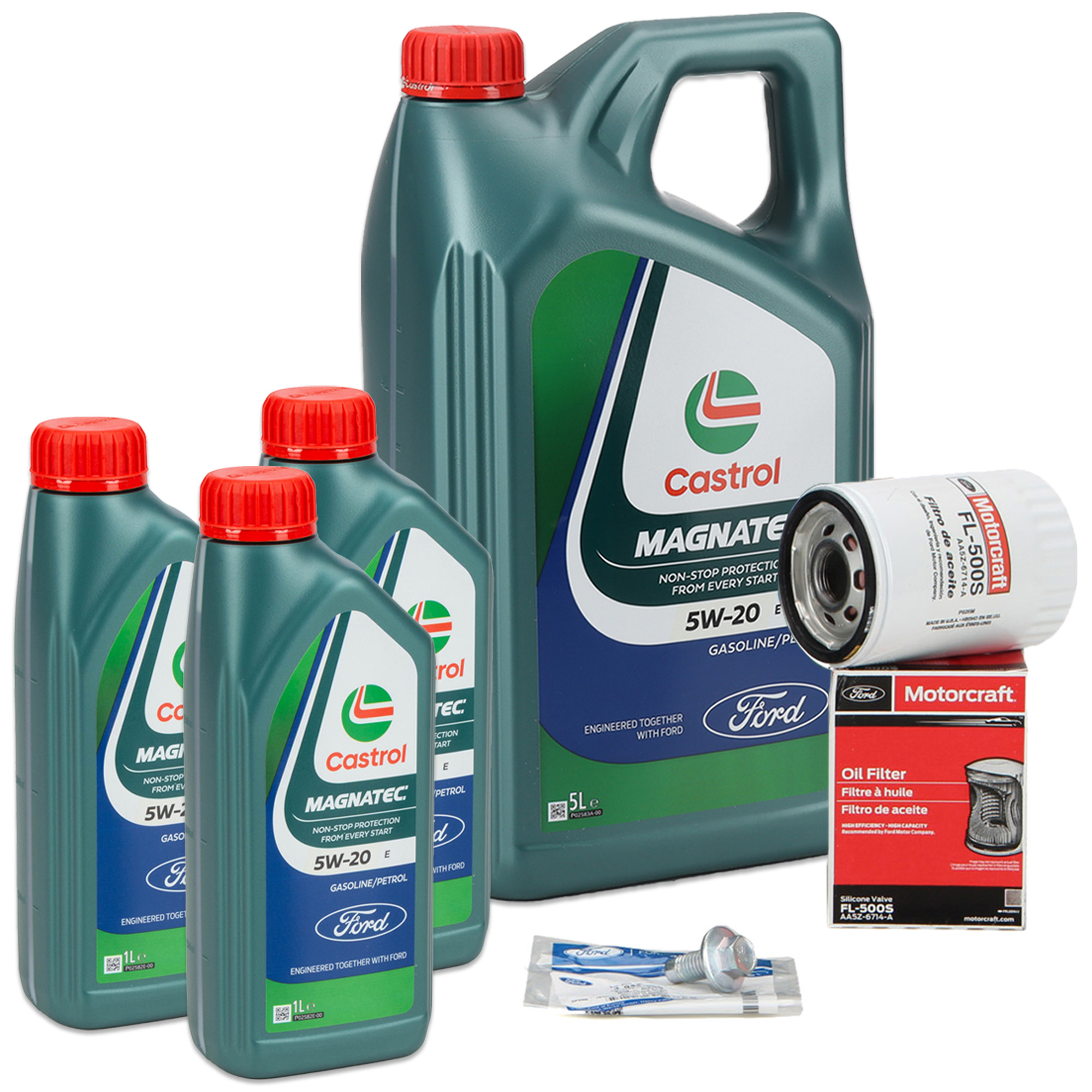 8L CASTROL 5W20 E Motor&ouml;l + ORGIINAL &Ouml;lfilter Schraube FORD Mustang MK6 5.0 V8 422 PS