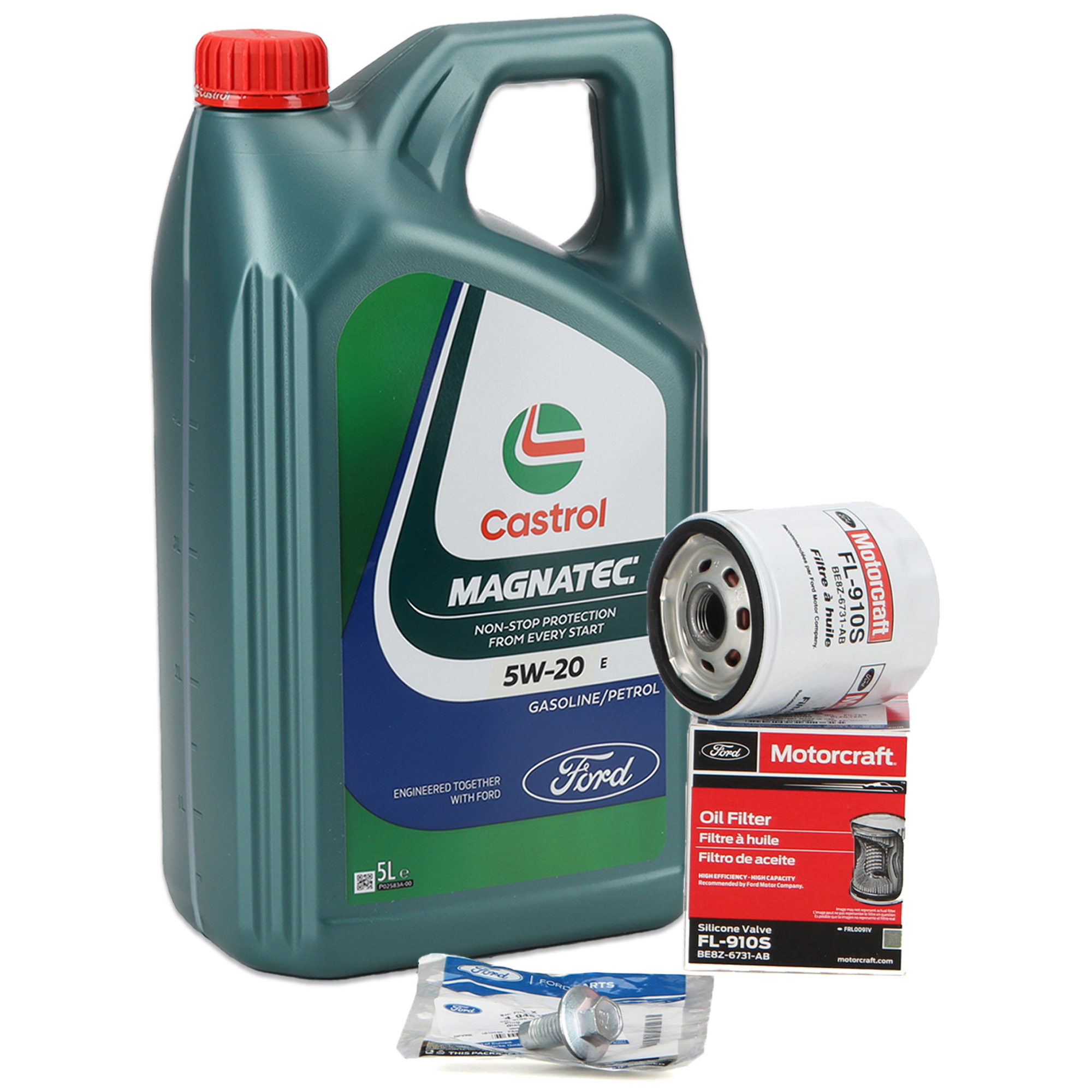5L ORIGINAL Ford CASTROL Motor&ouml;l &Ouml;l E 5W20 + &Ouml;lfilter 5097737 + Schraube 2.3 EcoBoost
