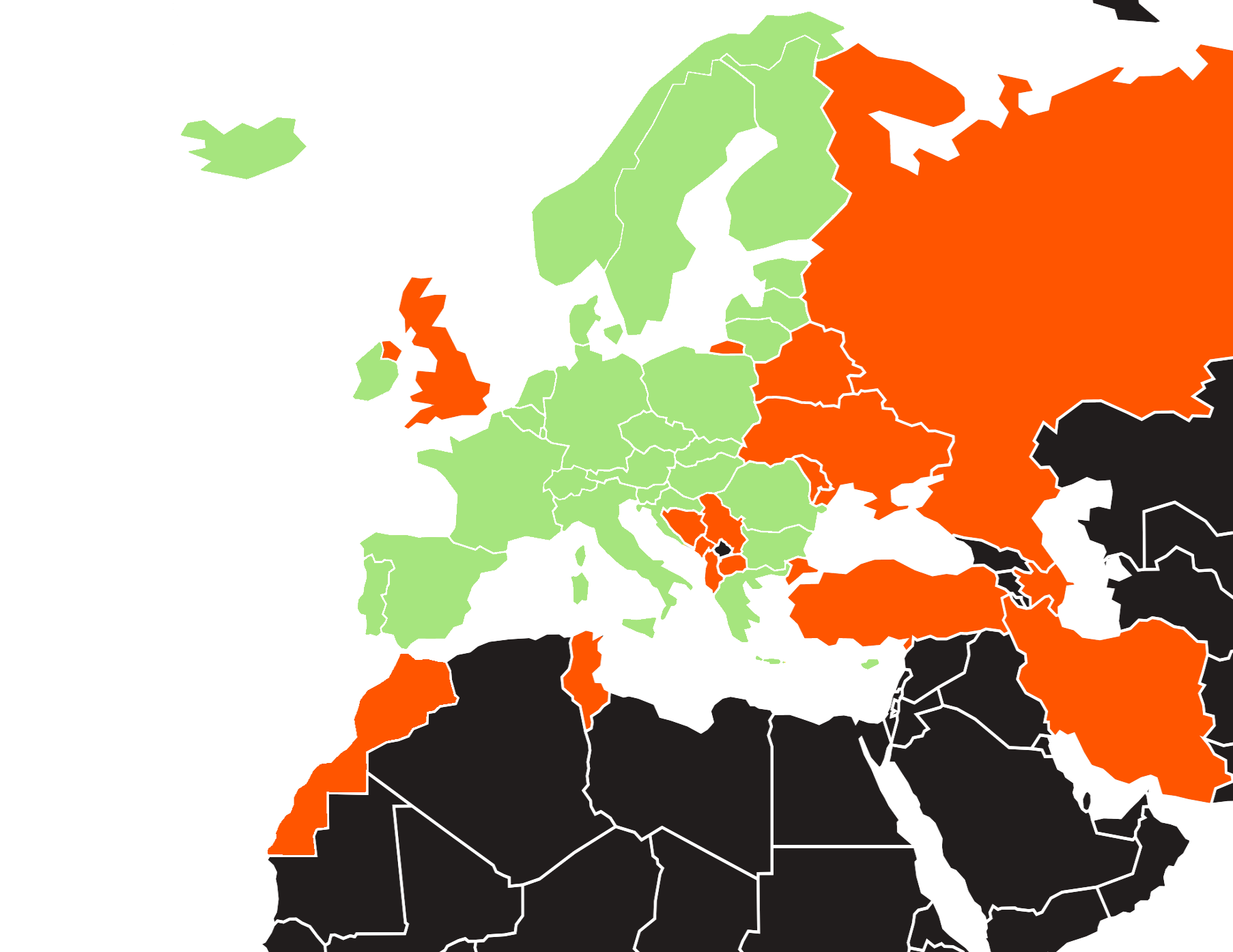 Karte welche anzeigt, in welchen Ländern man die Grüne Versicherungskarte noch benötigt